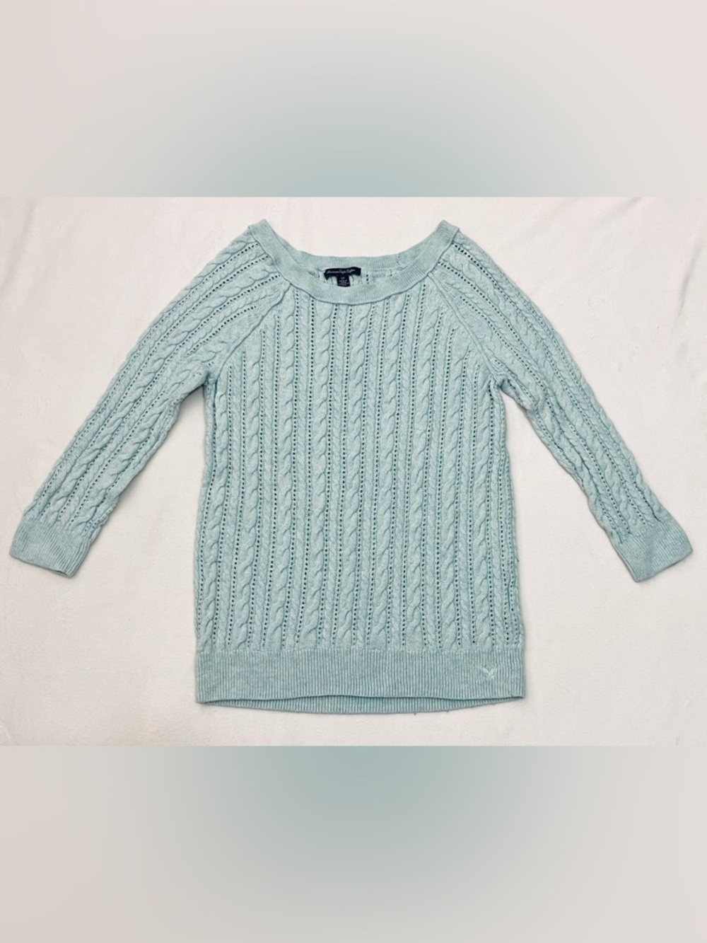 American Eagle Outfitters Women’s Light Blue Cable Knit 3/4 Sleeve Sweater